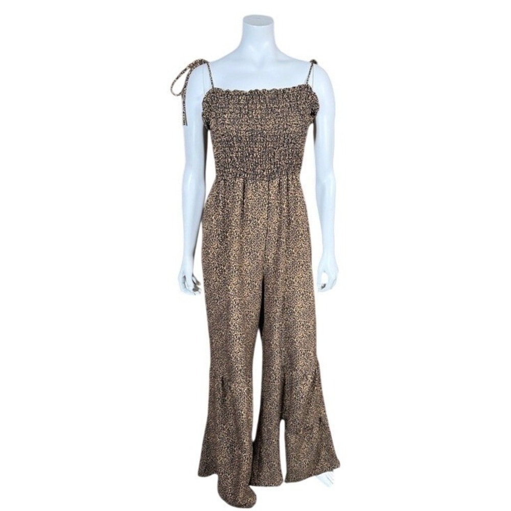Perfectly Priscilla Womens Leopard Print Smocked Wide Leg‎ Jumpsuit Brown Tan XL